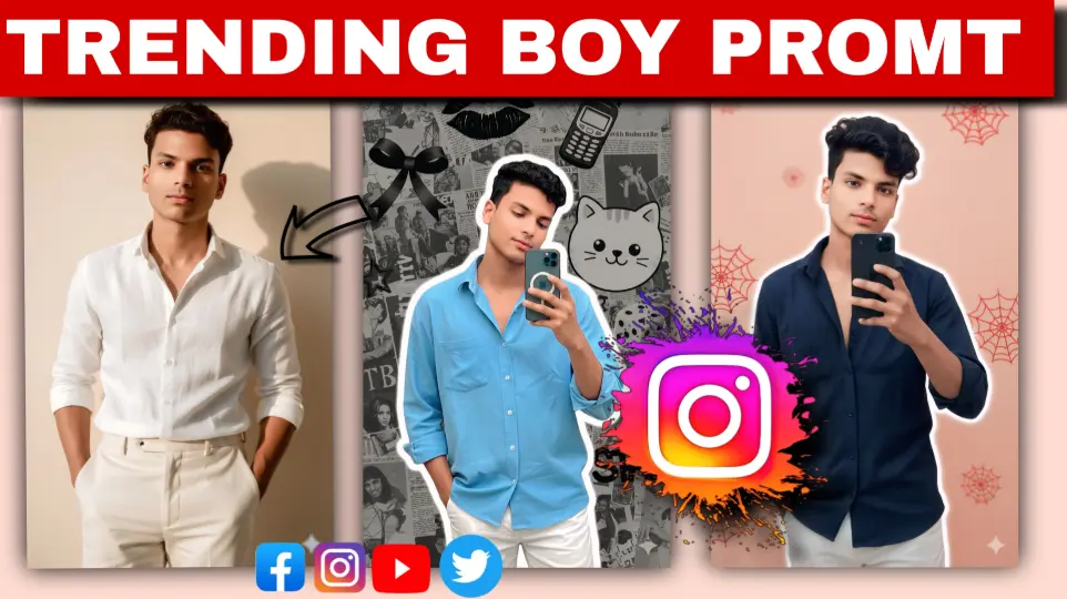Trending Boy Ai Photo Editing Promt Look friends, aaj main aapko Trending Boy AI Photo Prompts dene वाला hoon jo abhi Instagram par sabse ज्यादा viral चल रहे हैं. Agar आप अपनी फोटो को realistic, cinematic, retro ya aesthetic look देना चाहते हो, तो ये prompts आपके फोटो को एकदम अलग लेवल पर ले जाएंगे. Abhi social media par aise boys की AI photos trend me hain jisme 90s film tone, retro outfit, soft golden light aur cinematic background hota है. Aapne zaroor dekha hoga — कई boys की वो aesthetic viral photos, jisme koi road पर खड़ा है, koi coffee shop में बैठा है, koi pond ke पास newspaper पढ़ रहा है, ya koi retro street पर walk कर रहा है. Ye सारी photos AI से बनाई जाती हैं — बस सही prompt चाहिए. Is article/video में मैं आपको वही prompts देने वाला हूँ जो actual me viral हो रहे हैं aur jo aapki photo ko ekदम movie scene जैसी feeling दे देंगे. People are using these prompts to create their own aesthetic pictures — और honestly, ये photos देखकर लोग यकीन ही नहीं कर पा रहे कि ये AI से बने हैं. Main sirf वोही prompts share करूँगा जो सबसे ज़्यादा trending हैं. Aur agar aap log comment करोगे to main और भी नए trending boy prompts lekar aaunga. But pehle, friends, aap log इन prompts को try ज़रूर करना — kyunki abhi AI Boys Photo Trend peak par chal raha hai! 😎🔥